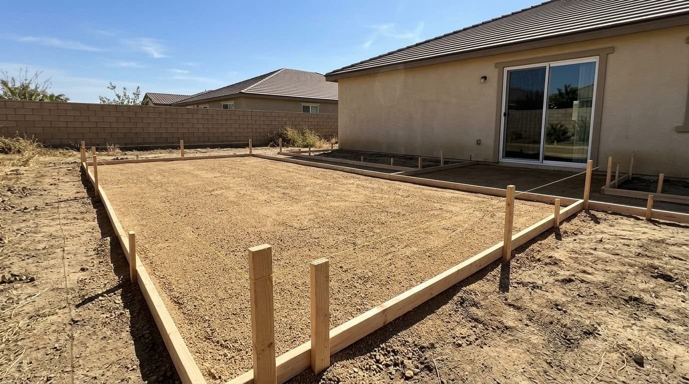A leveled gravel base outlined by wooden forms and string lines for a new patio behind a stucco house.