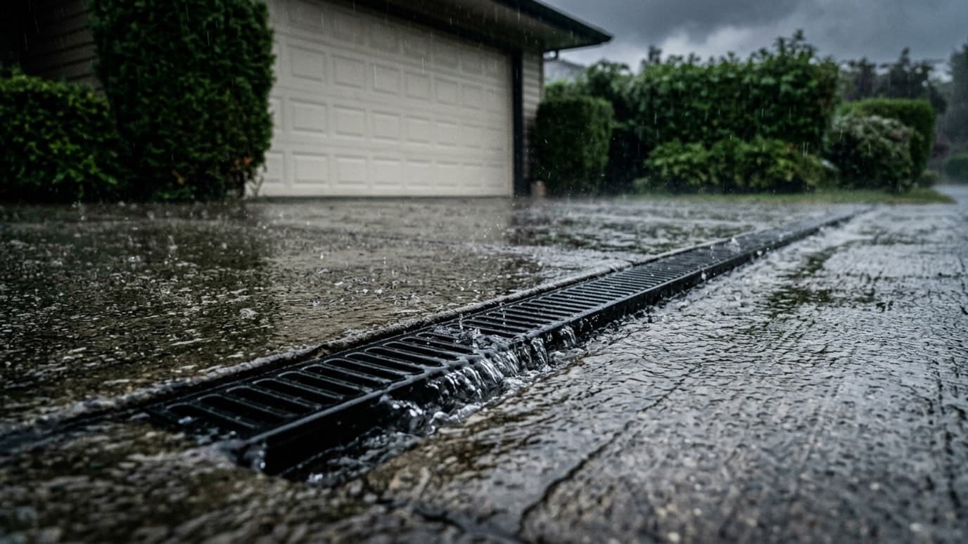 Rain running across a wet concrete driveway into a black slotted channel drain in front of a closed garage door.