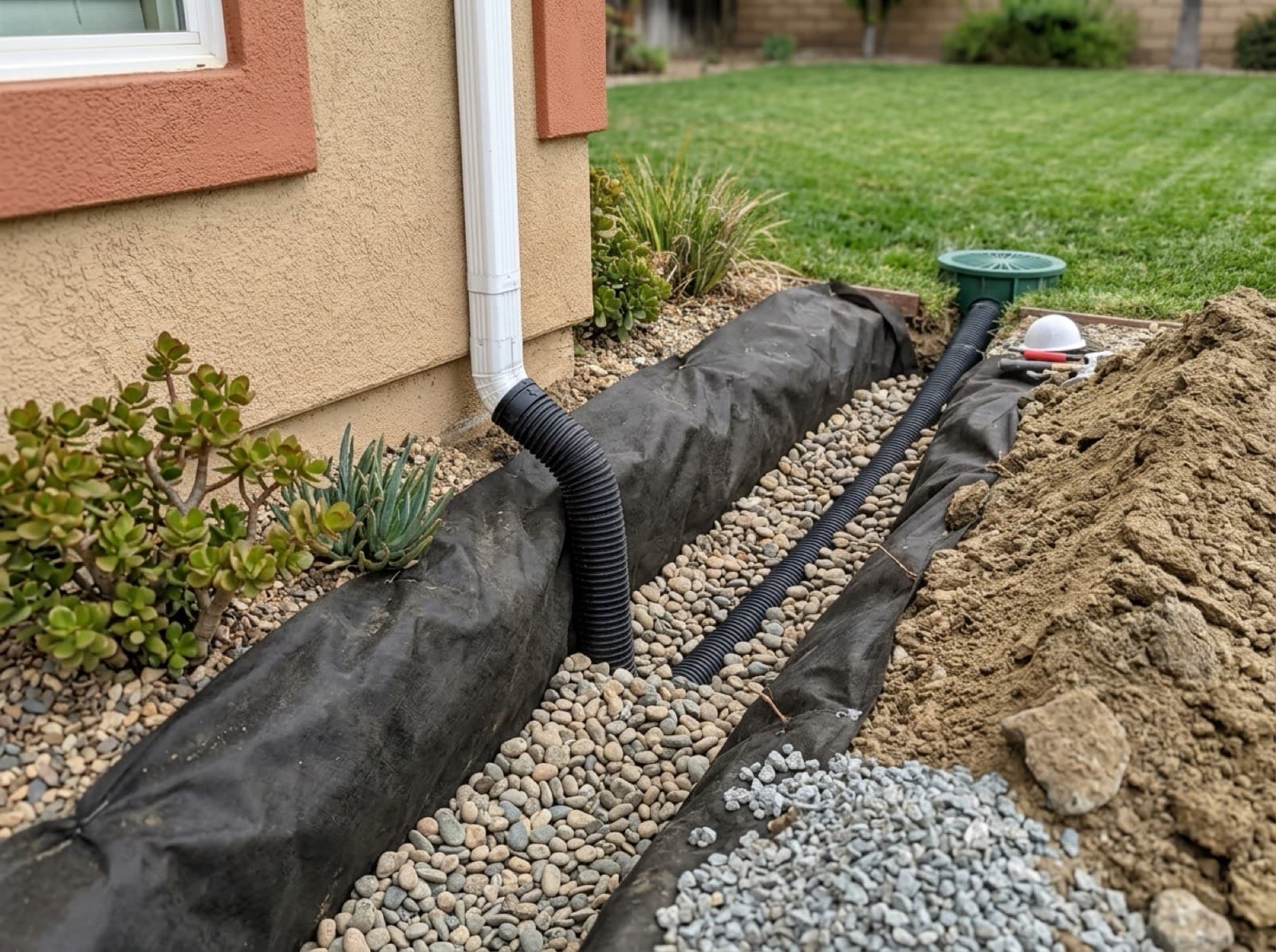 Downspout connected into a buried drain line carrying roof runoff away from the foundation