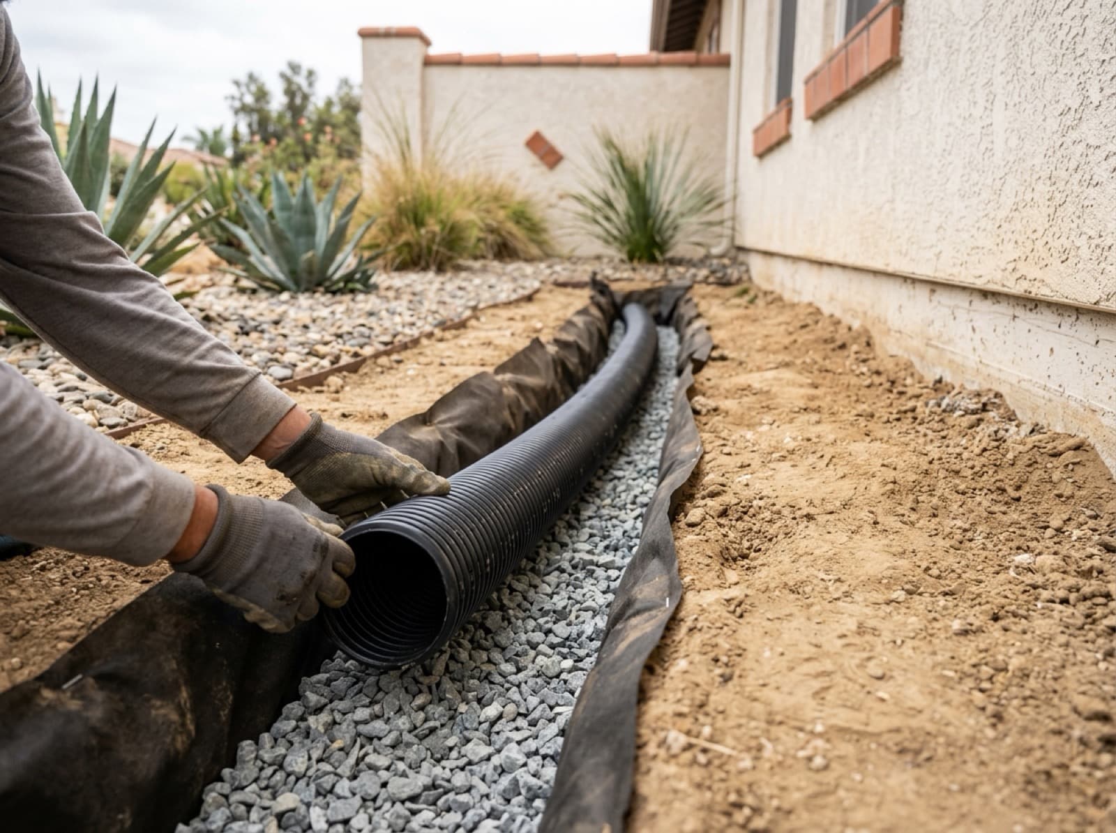 Perforated drain pipe and gravel being laid in an open trench alongside a Temecula Valley home's foundation