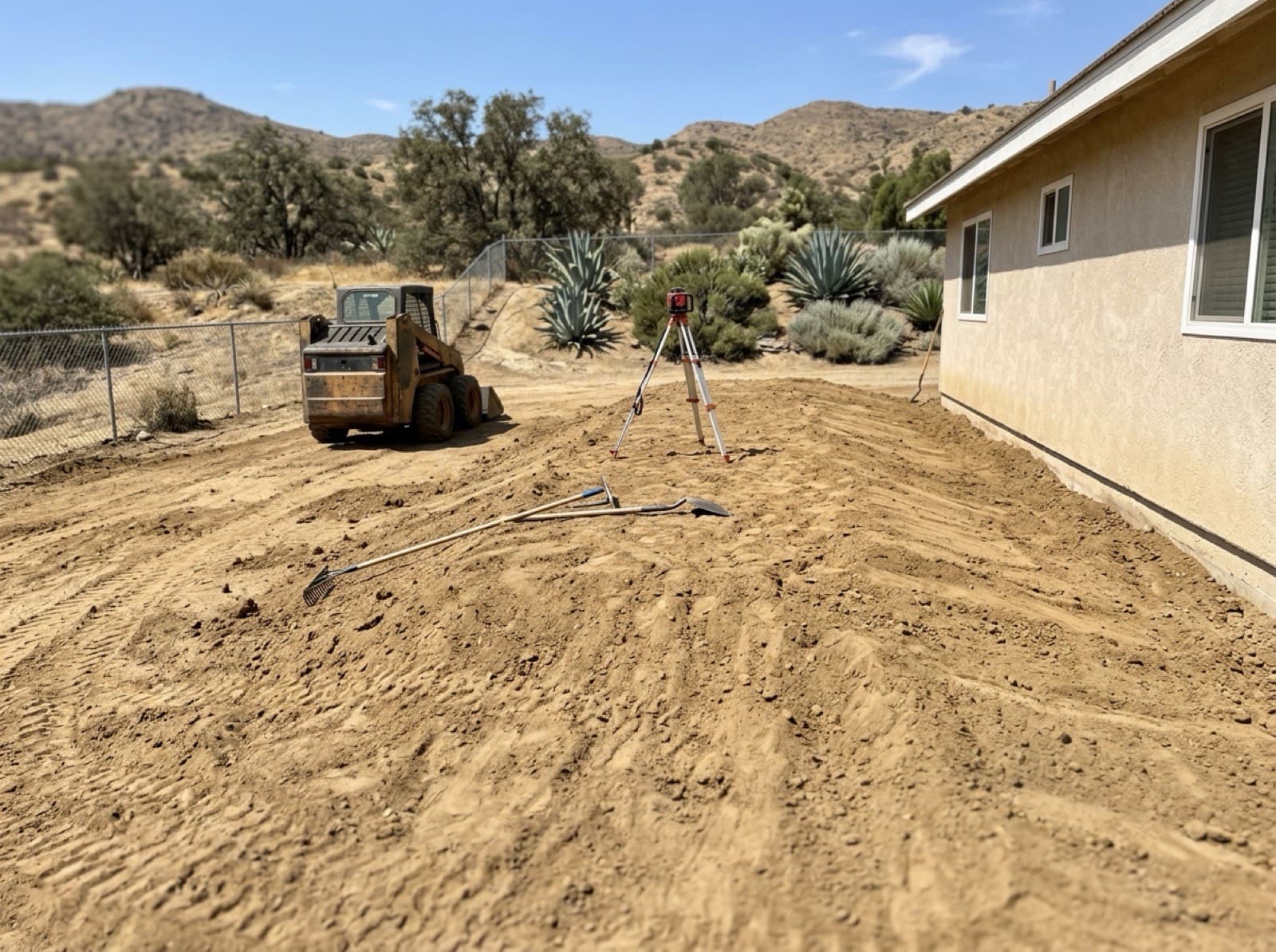 Backyard soil being re-graded to slope surface water away from a home foundation