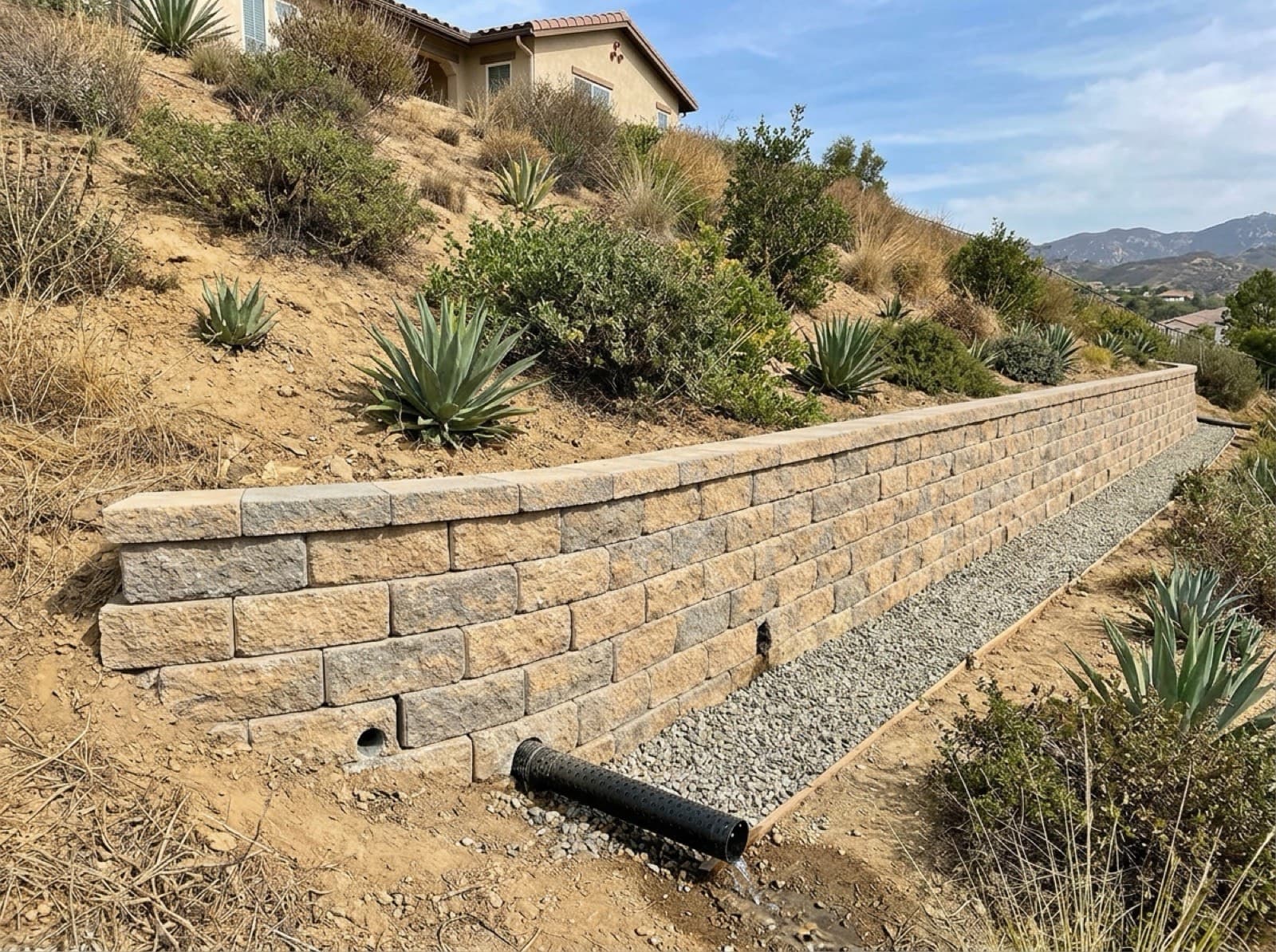 Hillside retaining wall with weep-hole drainage relieving water pressure on a sloped lot