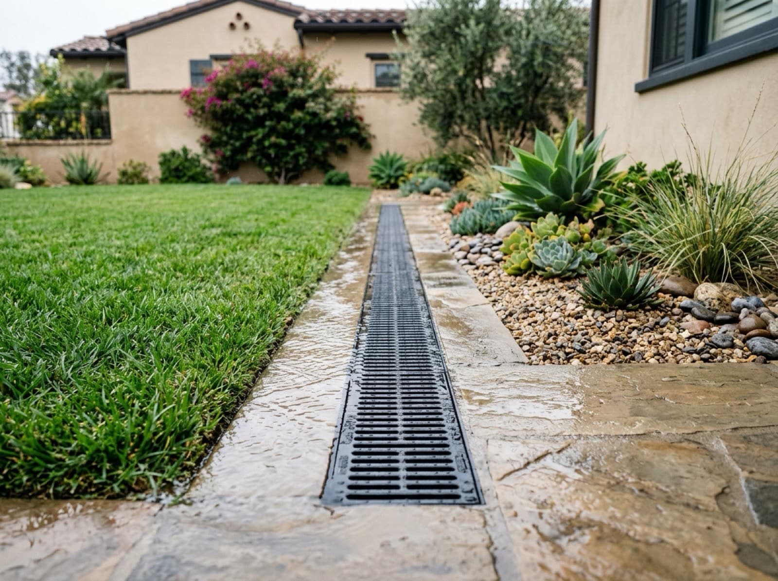 Catch basin draining rainwater from a Southern California lawn and patio edge