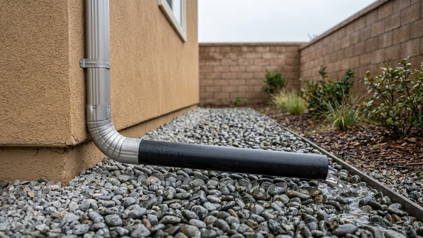 A silver downspout on a tan stucco wall ending in a black extension pipe lying on gravel, with water flowing from its open end.