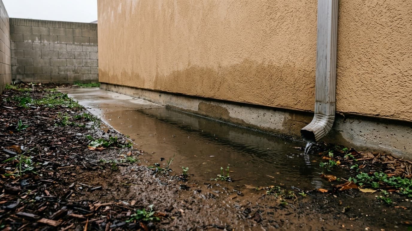 Rainwater standing along the base of a stucco house wall beside a downspout and a block fence.