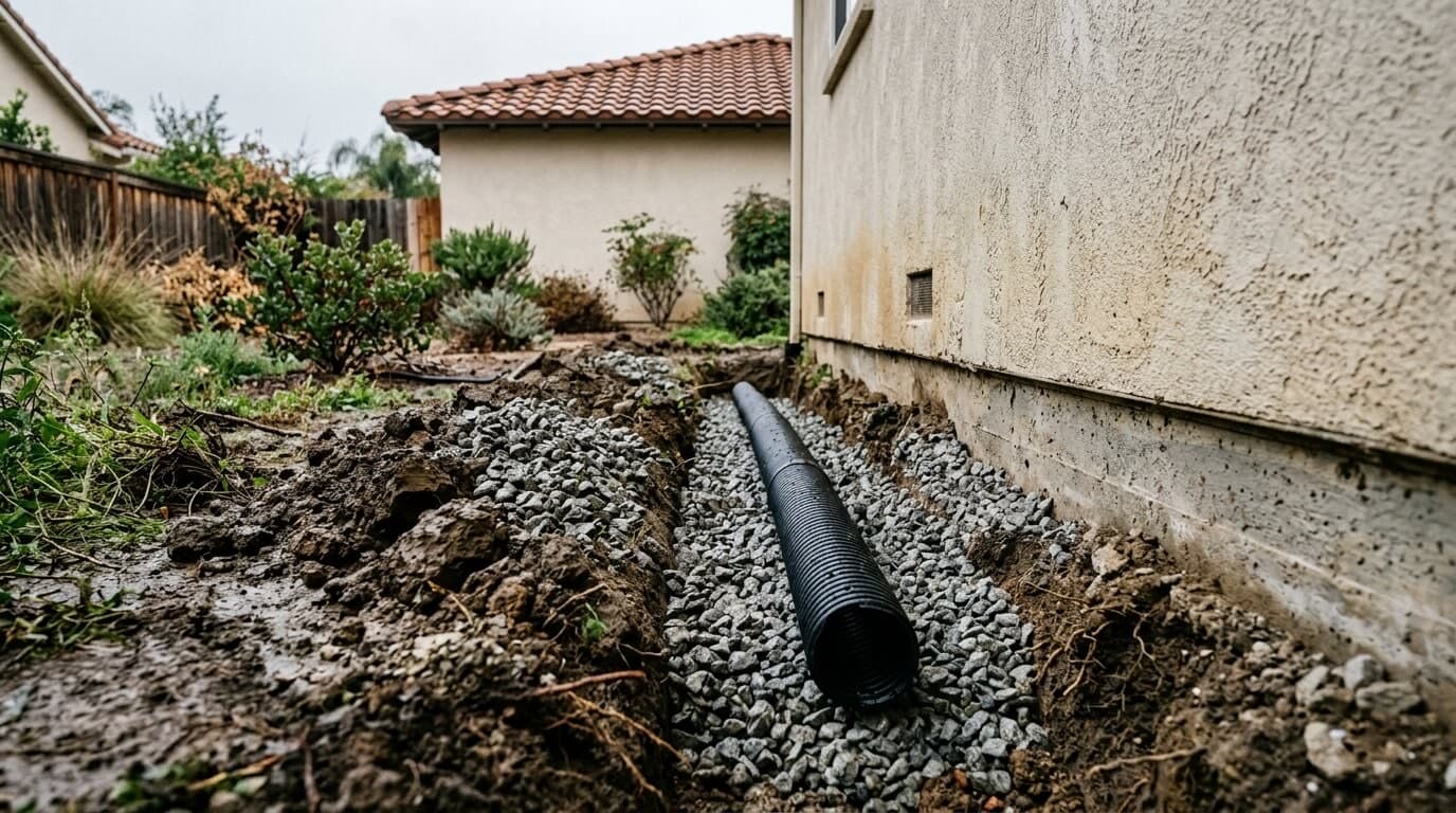 An open trench beside a stucco house foundation with a black corrugated drain pipe resting on gray gravel.