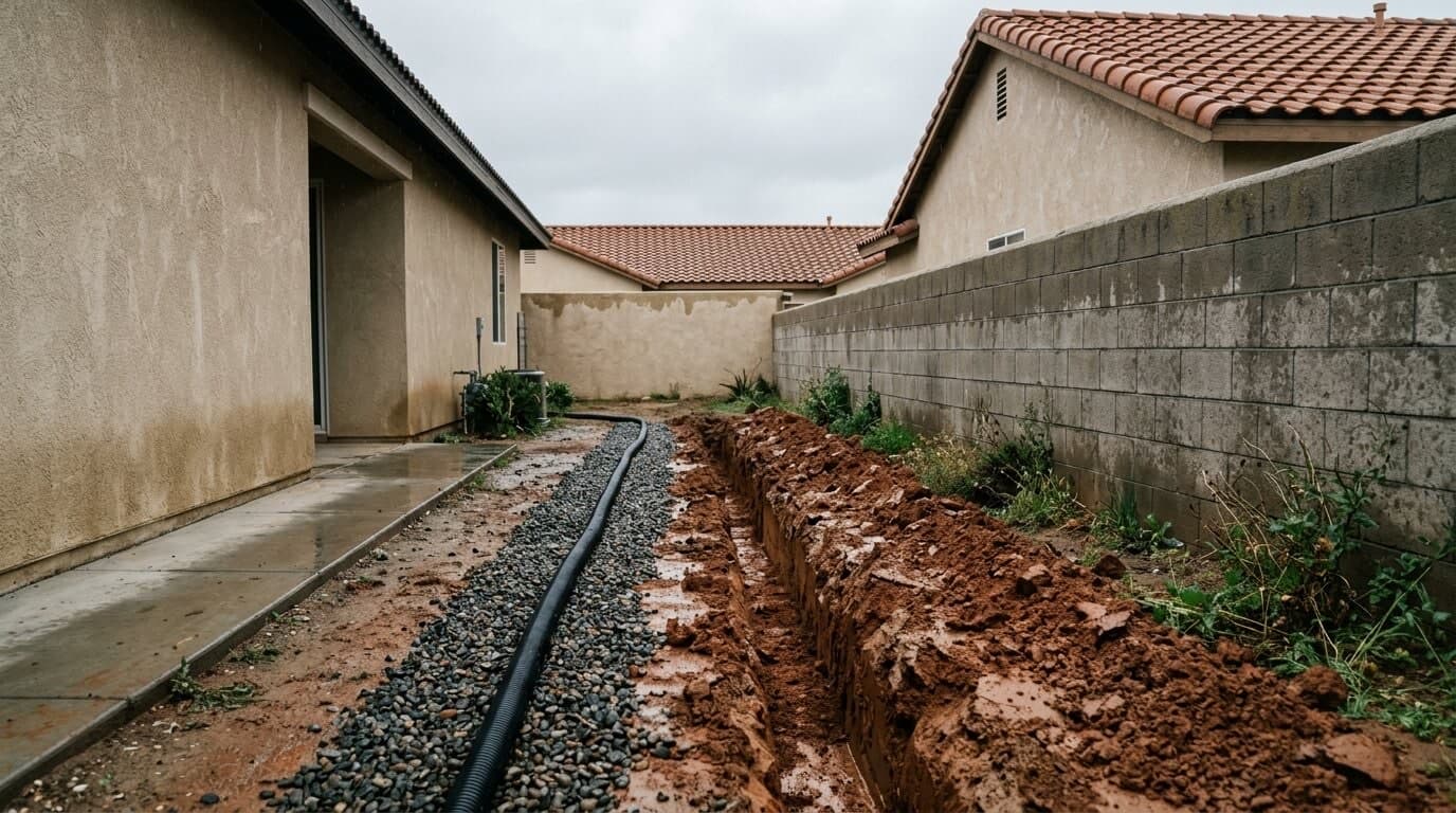 A narrow side yard between a stucco house and a block wall, with a gravel-covered drain pipe beside a trench cut in red-brown clay.
