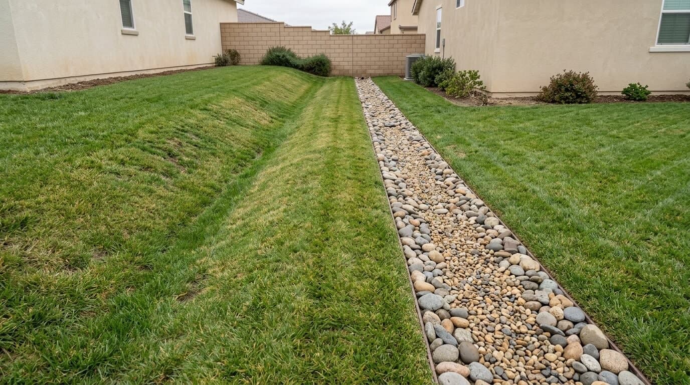 A grassy swale and a stone-lined gravel drain running side by side down a side yard between two stucco houses.
