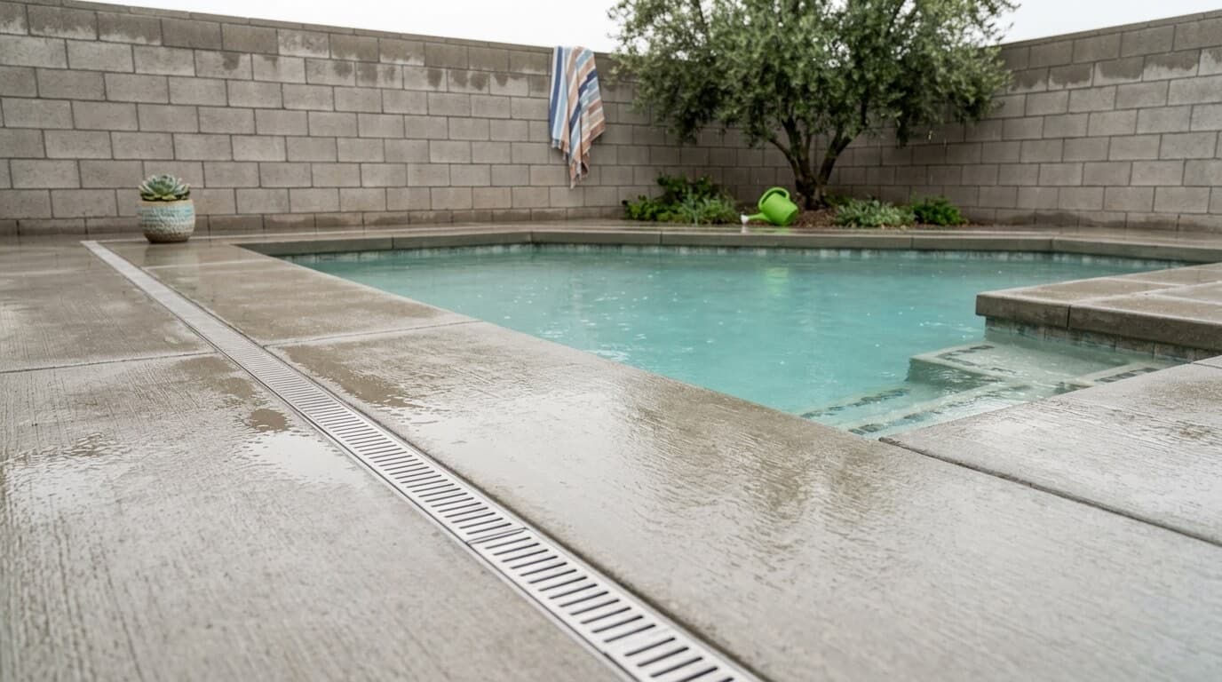 A linear channel drain along the edge of a wet concrete patio beside a swimming pool.