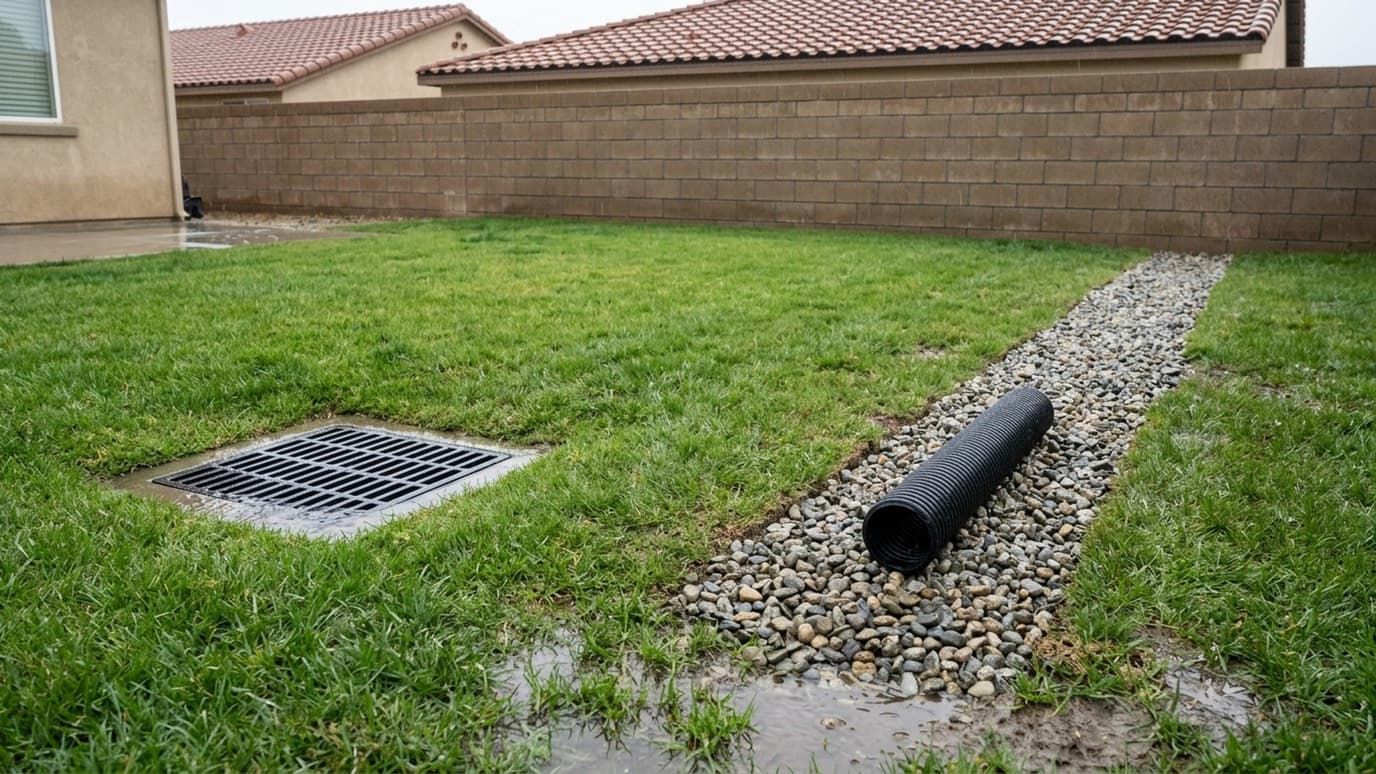 A square catch basin grate set in a lawn beside a black corrugated pipe lying on a strip of gravel, with a block wall and tile roofs behind.