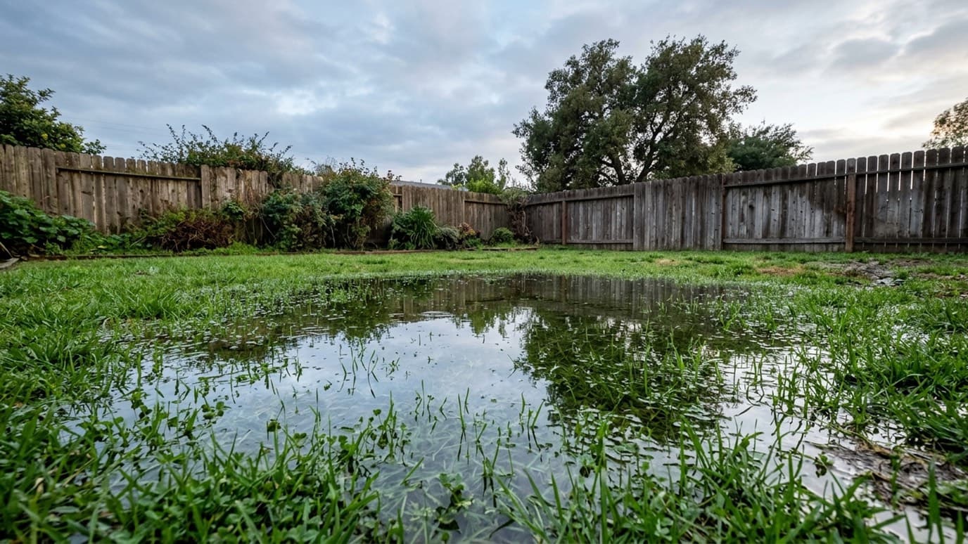 A shallow sheet of standing rainwater across a green lawn in front of a weathered wooden fence.