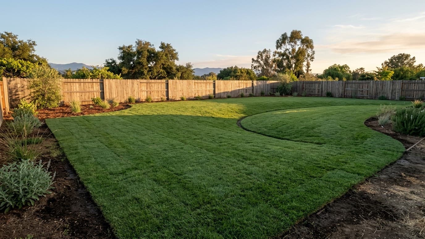 A freshly sodded lawn with a curved edge in evening light, planting beds on both sides and a wooden fence behind.