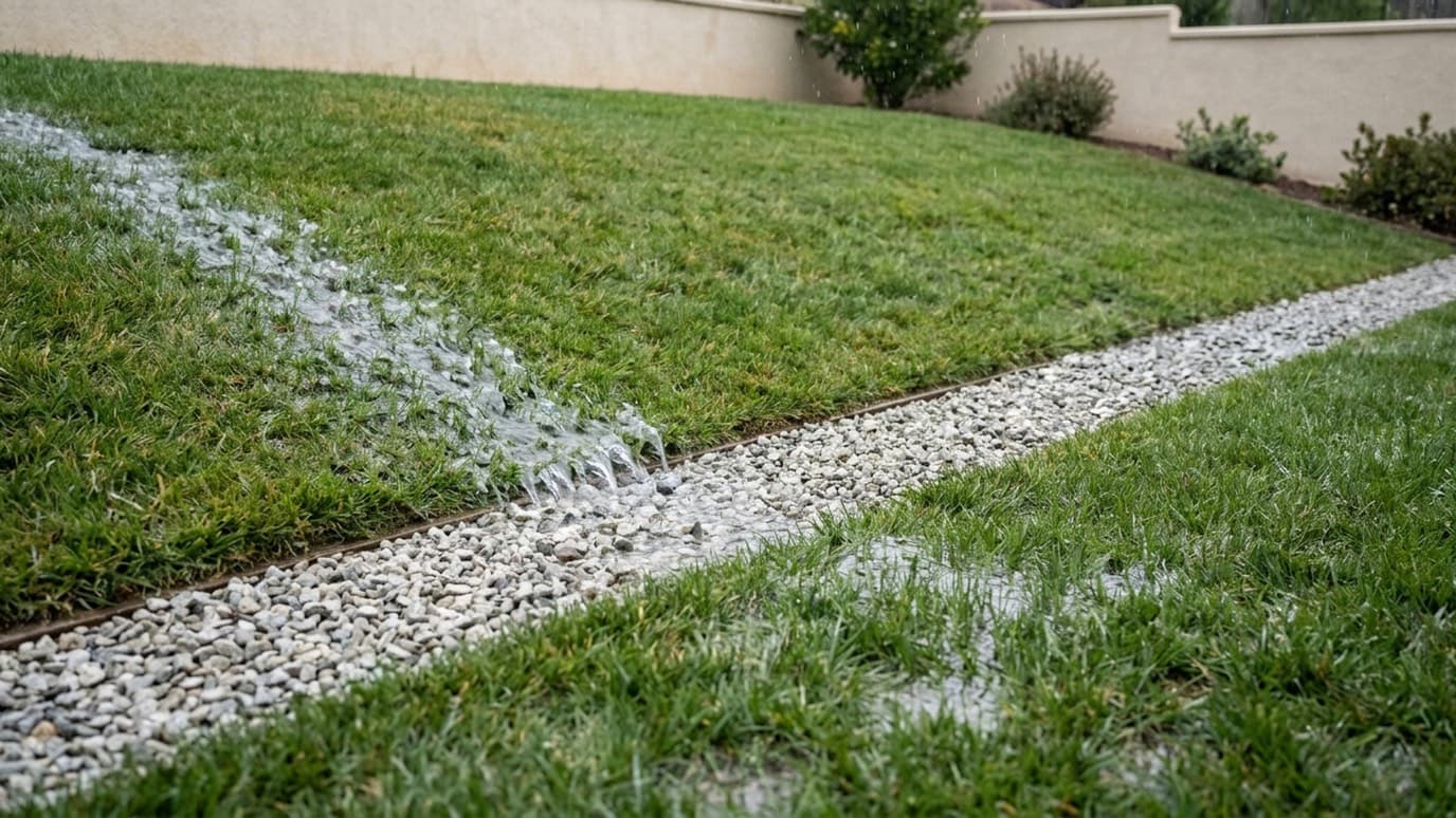 Rainwater running down a sloped lawn into a straight strip of washed gravel beside a stucco wall.